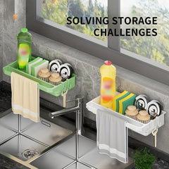 Wall Mount Sink Caddy Dish Sponge Holder with Towel Rack & Hook