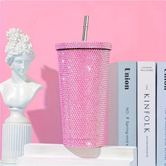 Studded Water Bottle Stainless Steel Tumbler Vacuum Insulated Rhinestone Decor