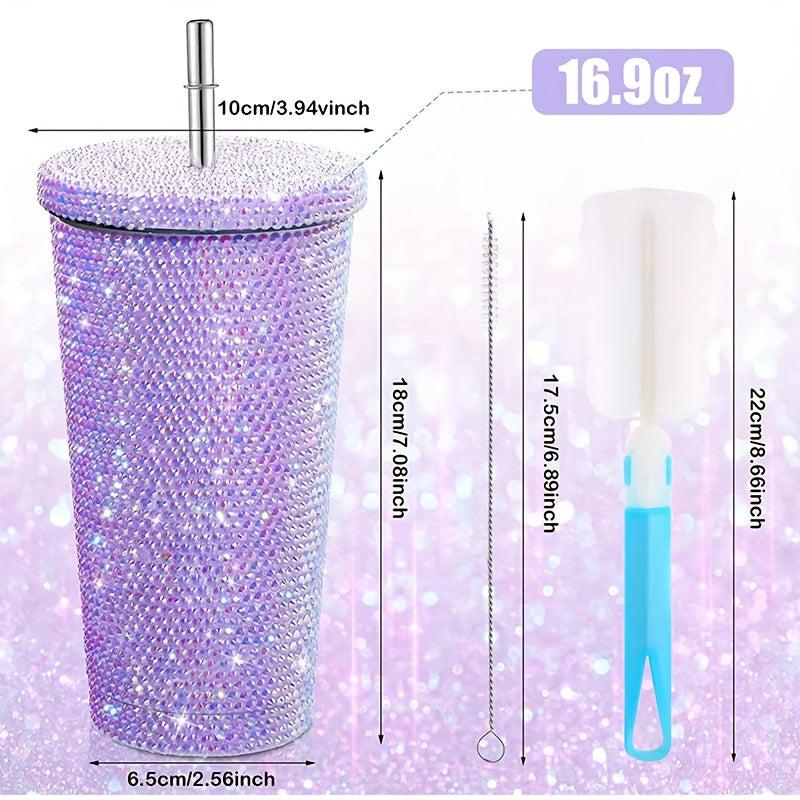 Studded Water Bottle Stainless Steel Tumbler Vacuum Insulated Rhinestone Decor