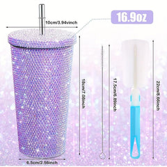 Studded Water Bottle Stainless Steel Tumbler Vacuum Insulated Rhinestone Decor