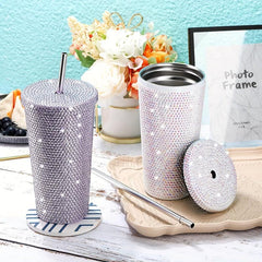 Studded Water Bottle Stainless Steel Tumbler Vacuum Insulated Rhinestone Decor