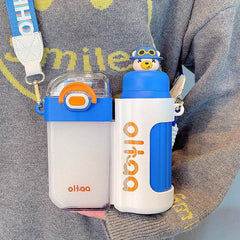 Cartoon Double Drink Water Bottle With Straw & Strap Vacuum Water Cups
