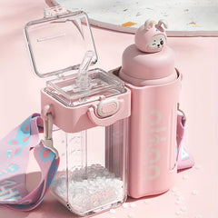 Cartoon Double Drink Water Bottle With Straw & Strap Vacuum Water Cups