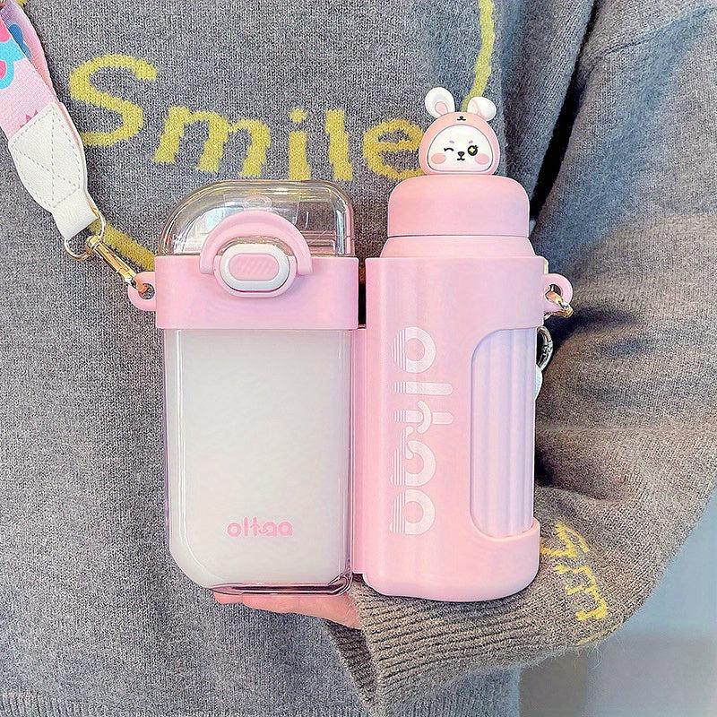 Cartoon Double Drink Water Bottle With Straw & Strap Vacuum Water Cups