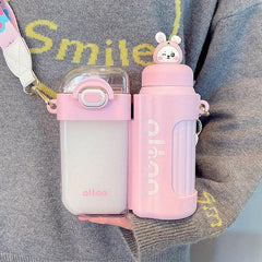 Cartoon Double Drink Water Bottle With Straw & Strap Vacuum Water Cups