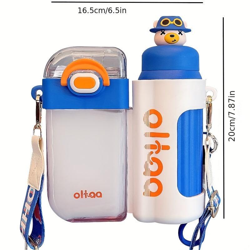 Cartoon Double Drink Water Bottle With Straw & Strap Vacuum Water Cups