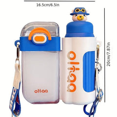 Cartoon Double Drink Water Bottle With Straw & Strap Vacuum Water Cups
