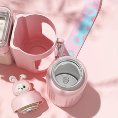 Cartoon Double Drink Water Bottle With Straw & Strap Vacuum Water Cups