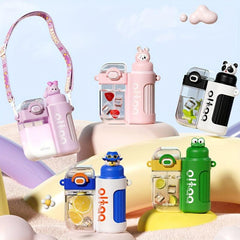 Cartoon Double Drink Water Bottle With Straw & Strap Vacuum Water Cups