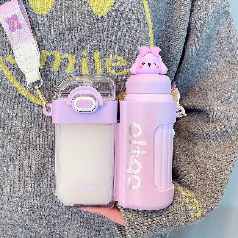 Cartoon Double Drink Water Bottle With Straw & Strap Vacuum Water Cups