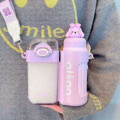 Cartoon Double Drink Water Bottle With Straw & Strap Vacuum Water Cups