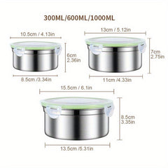 3pcs Stainless Steel Food Storage Container With Lids Reusable Metal Round