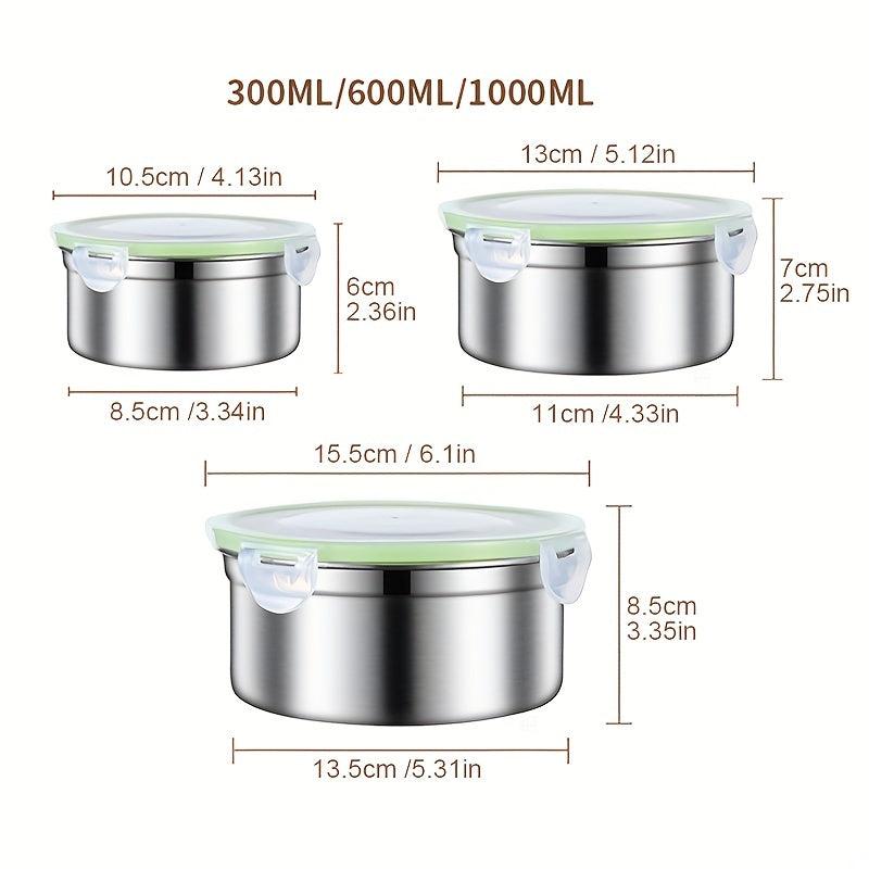 3pcs Stainless Steel Food Storage Container With Lids Reusable Metal Round