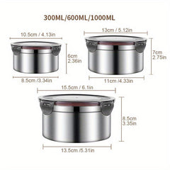 3pcs Stainless Steel Food Storage Container With Lids Reusable Metal Round