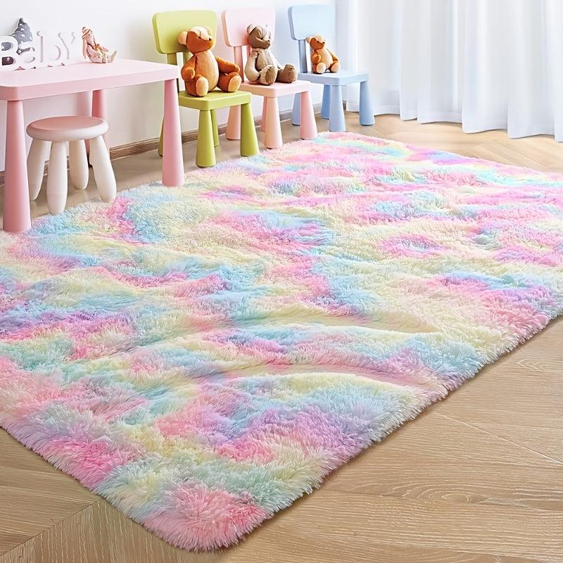 Soft Rainbow Rug For Girls Bedroom Kids Room Shaggy Tie Dye Throw Carpet