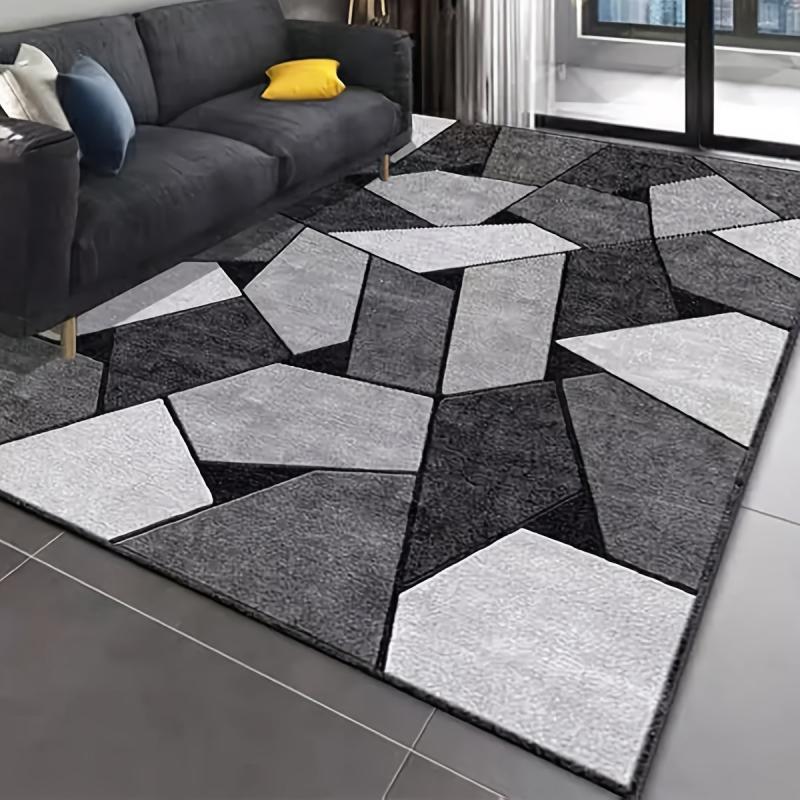 Printed Grey Geometric Non-slip Decorative Living Room Rug