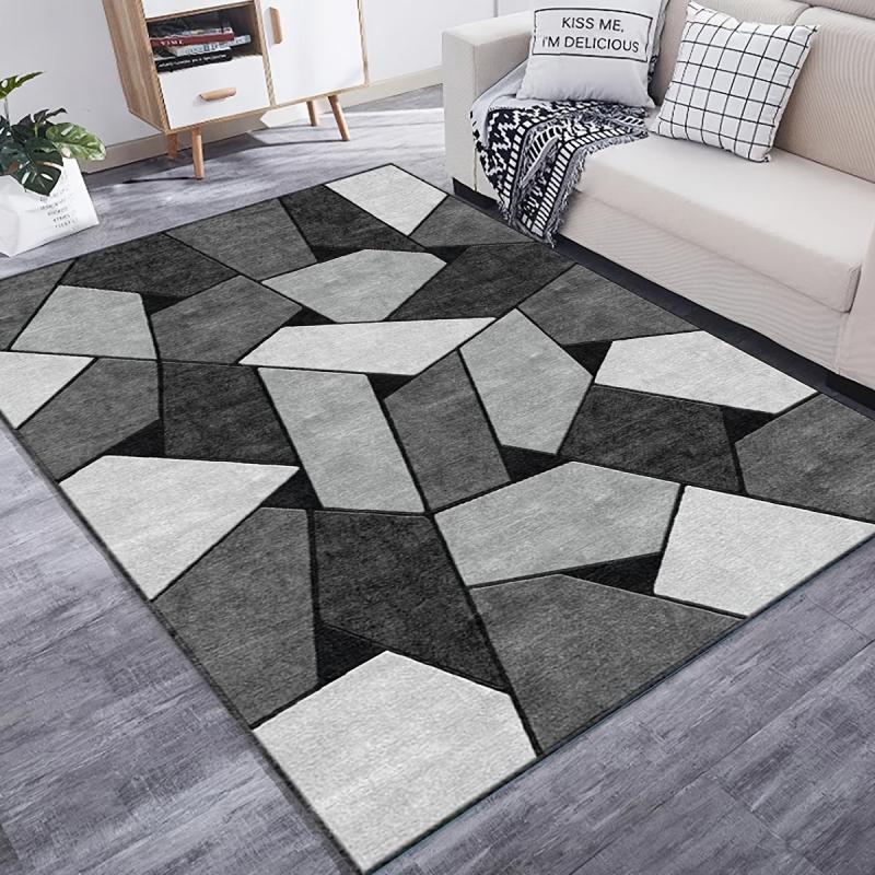 Printed Grey Geometric Non-slip Decorative Living Room Rug