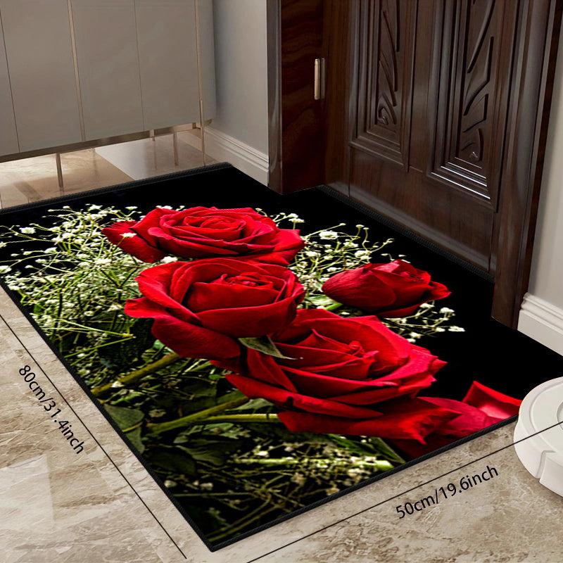 Rose Pattern Floor Mat Modern Kitchen Rug Non Slip Colorful Indoor Carpet