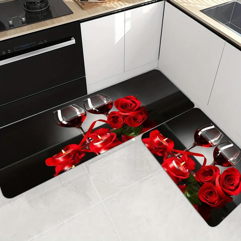 Red Rose Kitchen Floor Mat Non-slip Waterproof Machine Washable