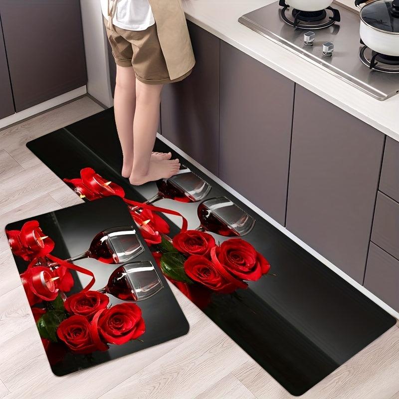 Red Rose Kitchen Floor Mat Non-slip Waterproof Machine Washable