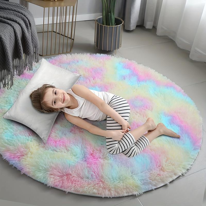 Round Rainbow Fluffy Rug Tie Dye Colorful Mats Floor Rug Plush