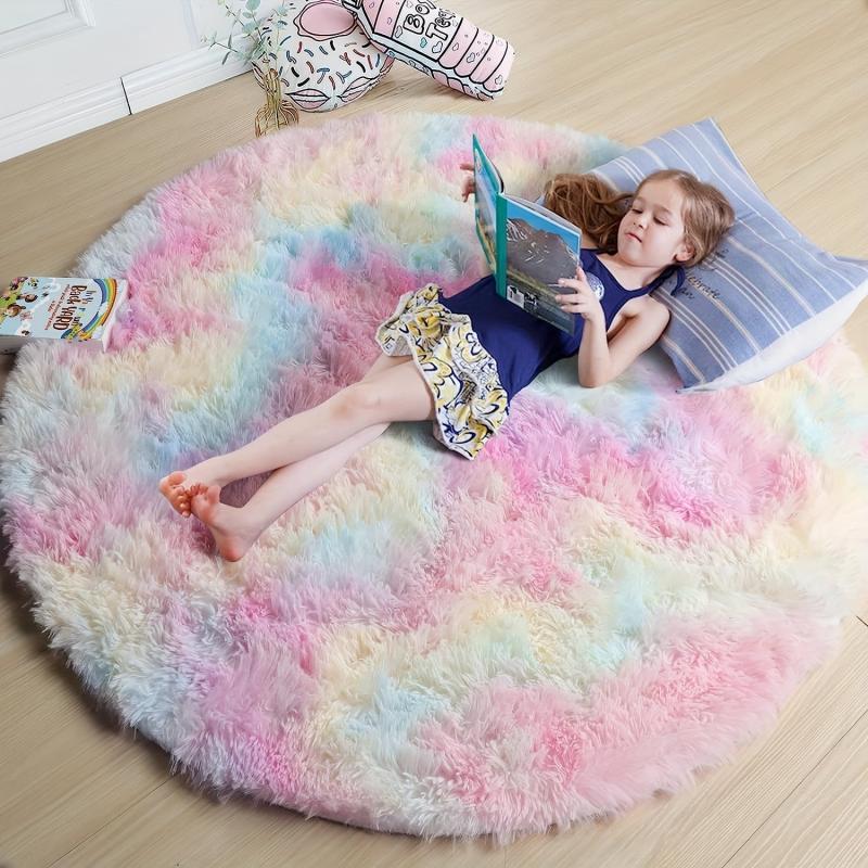 Round Rainbow Fluffy Rug Tie Dye Colorful Mats Floor Rug Plush
