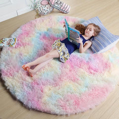Round Rainbow Fluffy Rug Tie Dye Colorful Mats Floor Rug Plush