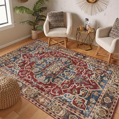 Vintage Boho Area Rug Euro Dark Red Bohemian Pattern Soft Washable Carpet