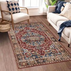 Vintage Boho Area Rug Euro Dark Red Bohemian Pattern Soft Washable Carpet