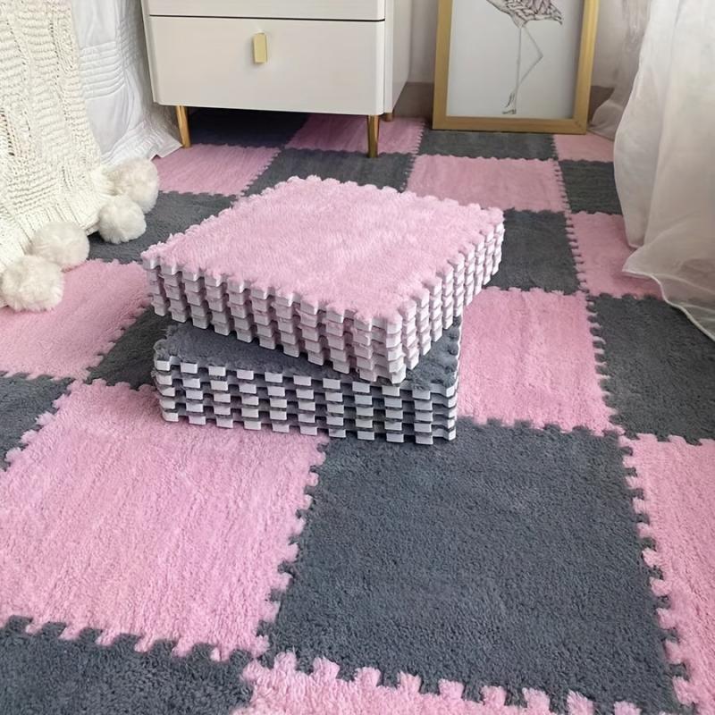 10pcs Plush Puzzle Foam Floor Mat Square Interlocking Carpet Fluffy Area Rug