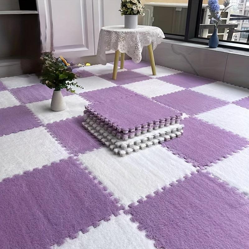 10pcs Plush Puzzle Foam Floor Mat Square Interlocking Carpet Fluffy Area Rug