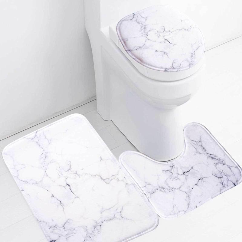 3pcs Marble Print Memory Foam Toilet Mat Set