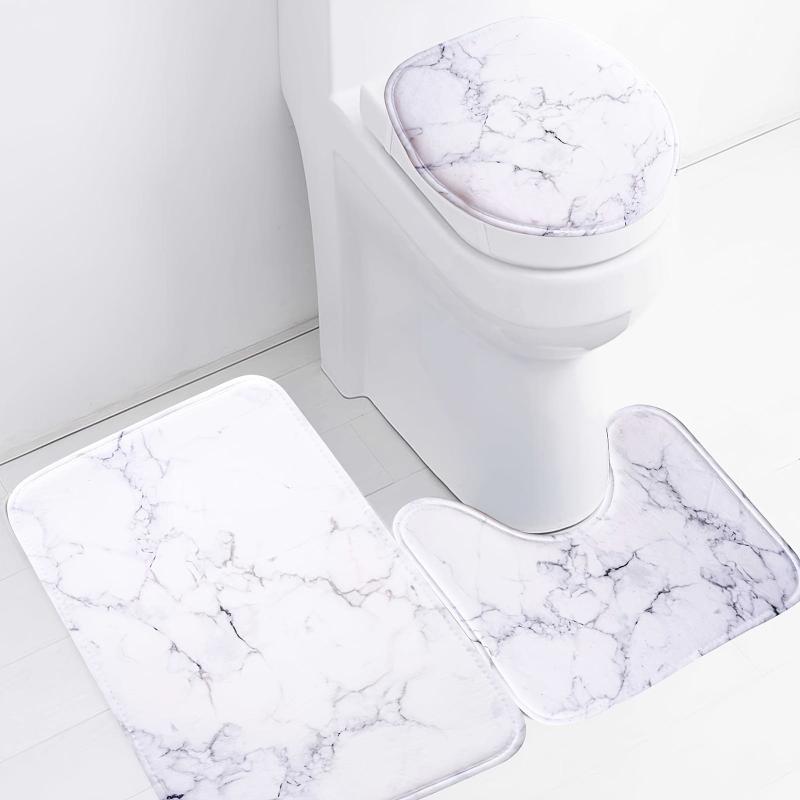 3pcs Marble Print Memory Foam Toilet Mat Set