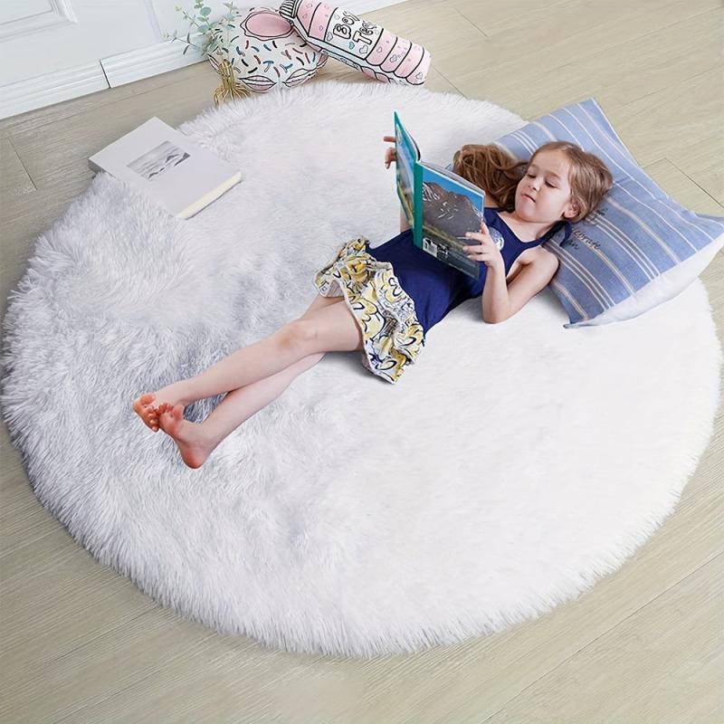 Fluffy Round Rug For Baby Nursery 4'X4' Feet Furry Carpet For Children Kids Room