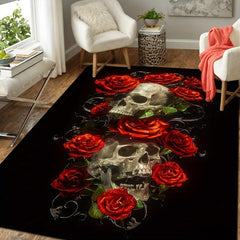 Gothic Rose Skeleton Print Carpet Soft Fluffy Floor Rug Non Slip Washable