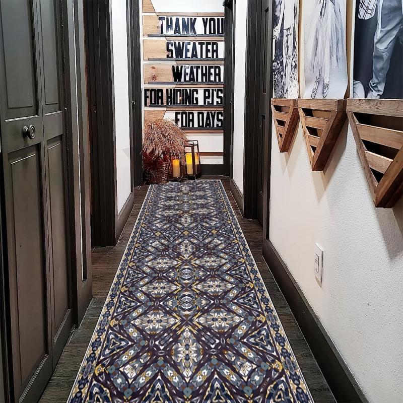Geometric Floral Runner Rug Stain Resistant Soft Non Slip Washable Carpet