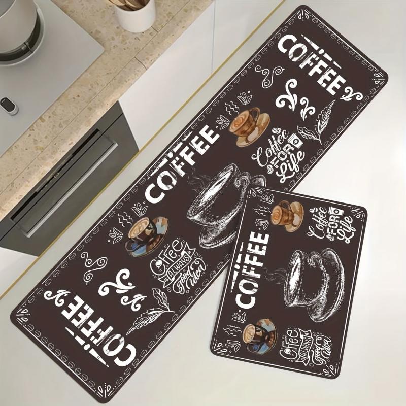 Coffee Print Anti-fatigue Kitchen Floor Mat Anti-slip Polyester Carpet