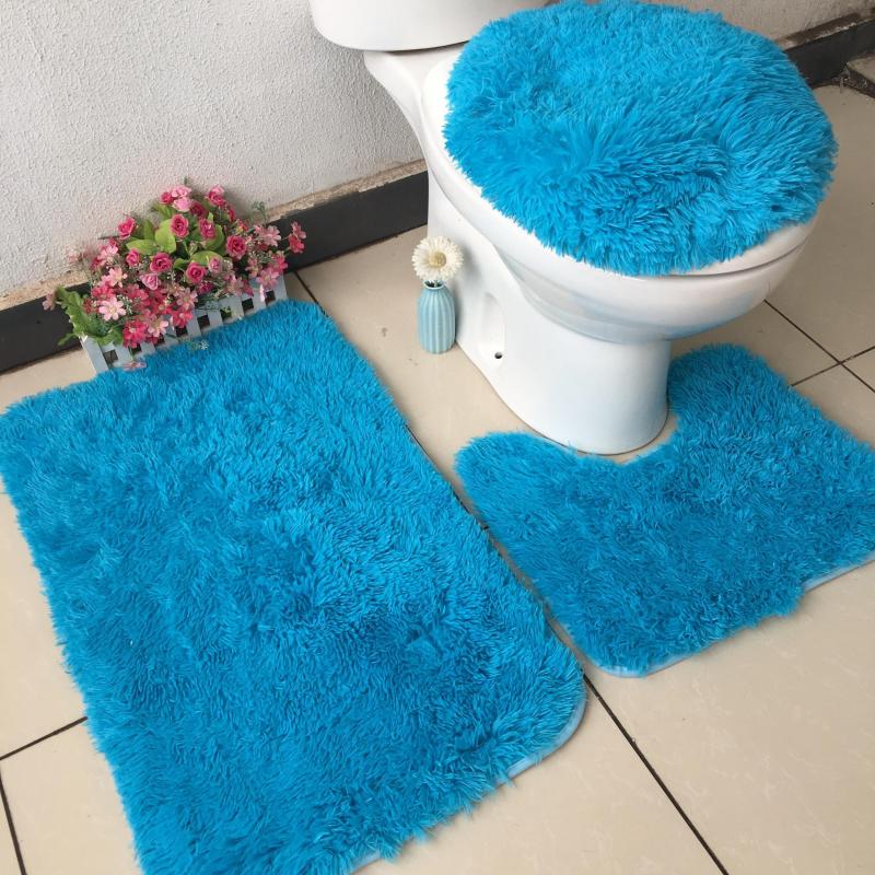 3pcs Plush Toilet Mat Set Non Slip Absorbent Bathroom Shower Floor Mat