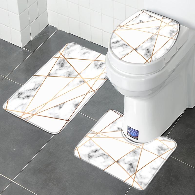 3pcs Memory Foam Toilet Mat Marble Print Bathroom Non-slip Floor Mat