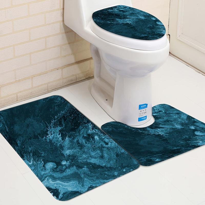 3pcs Memory Foam Toilet Mat Marble Print Bathroom Non-slip Floor Mat