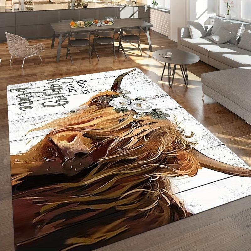 Rustic Highland Cattle Area Rug Non Slip Shaggy Carpet for Living Room Bedroom