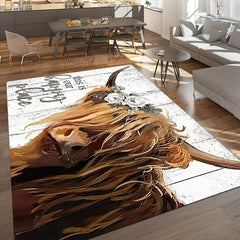 Rustic Highland Cattle Area Rug Non Slip Shaggy Carpet for Living Room Bedroom