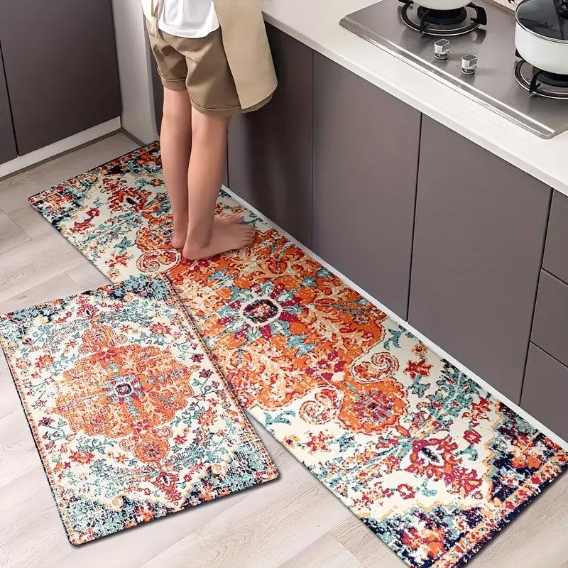 Bohemian Kitchen Floor Mat Retro Floral Carpet Waterproof Non Slip Rug