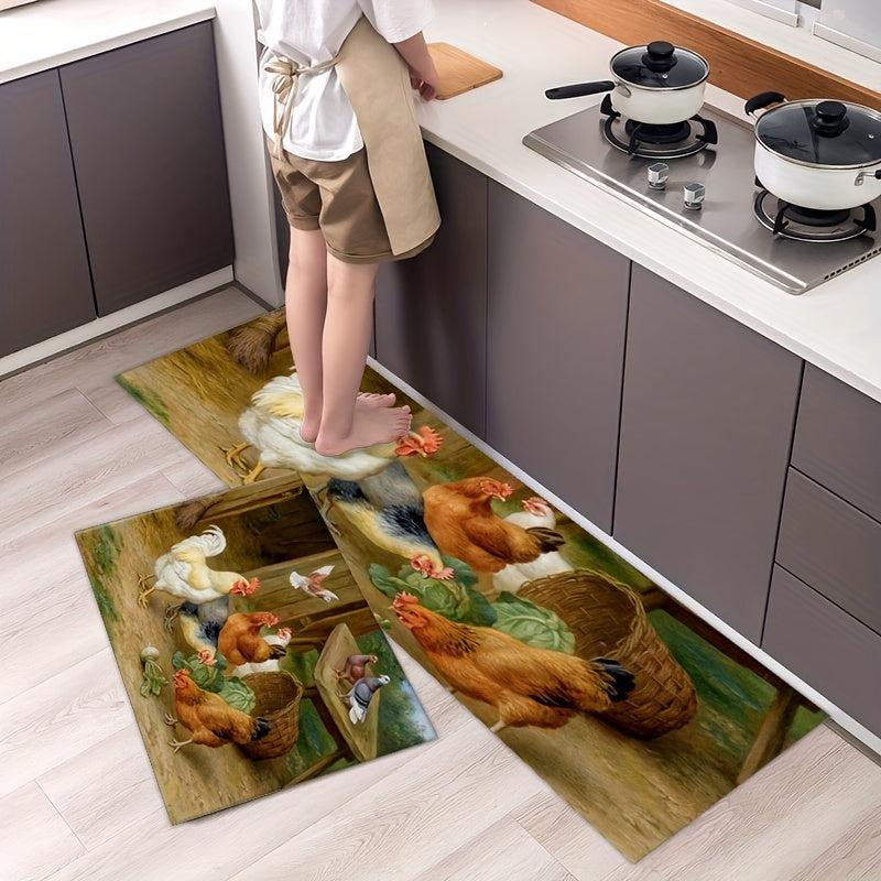 Soft Thickened Kitchen Mat Rustic Rooster Non slip Waterproof Runner Rug