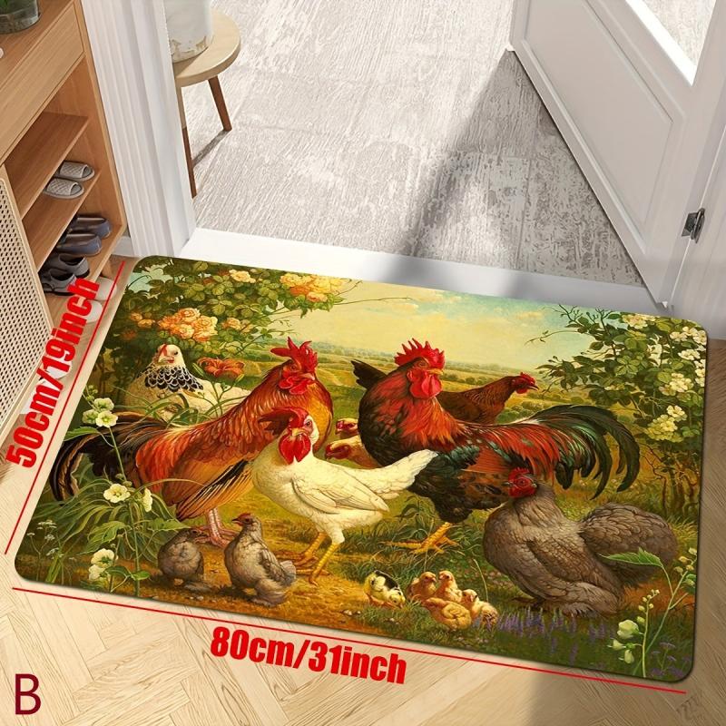 Vibrant Chicken and Flower Floor Mat for Home Decor