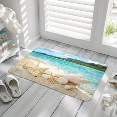 Beach Landscape Bath Rug Tropical Summer Starfish Seashell Sky Pattern Floor Mat