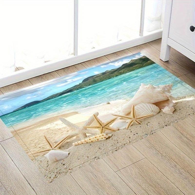 Beach Landscape Bath Rug Tropical Summer Starfish Seashell Sky Pattern Floor Mat
