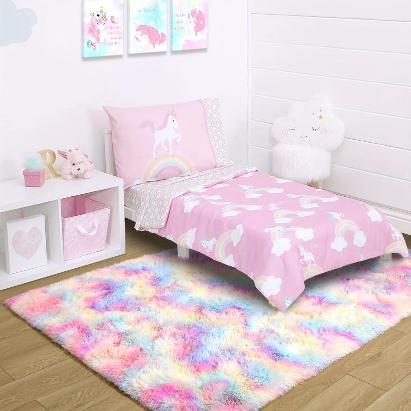 Plush Rainbow Rug Girl Bedroom Fluffy Rug Kids Playroom Plush Girl Room Decor