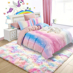 Plush Rainbow Rug Girl Bedroom Fluffy Rug Kids Playroom Plush Girl Room Decor
