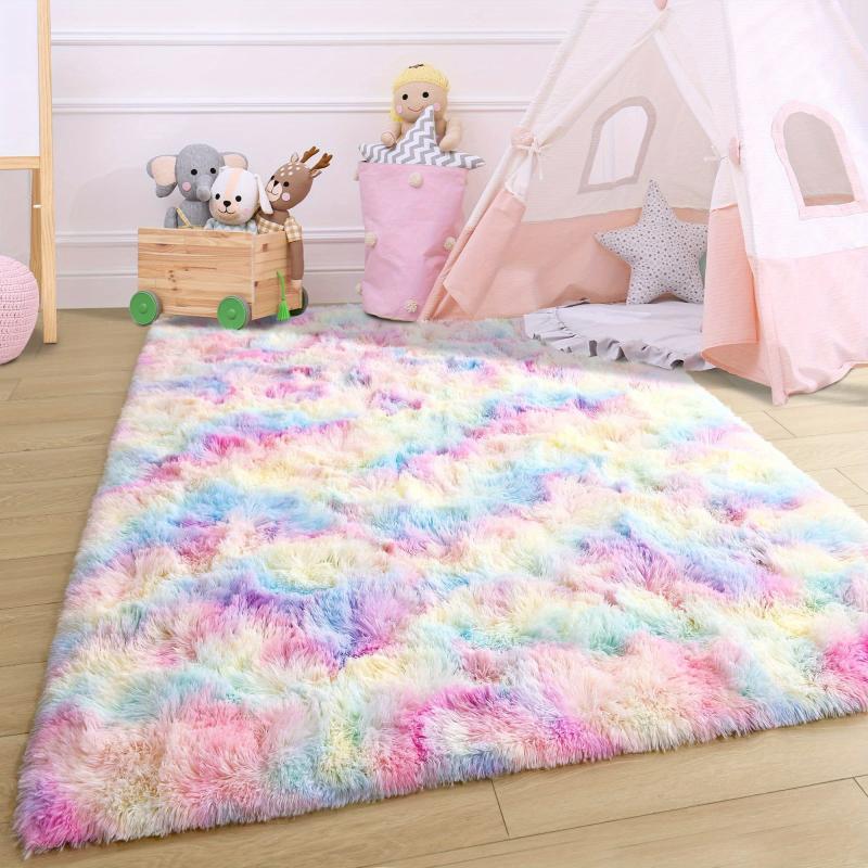 Plush Rainbow Rug Girl Bedroom Fluffy Rug Kids Playroom Plush Girl Room Decor